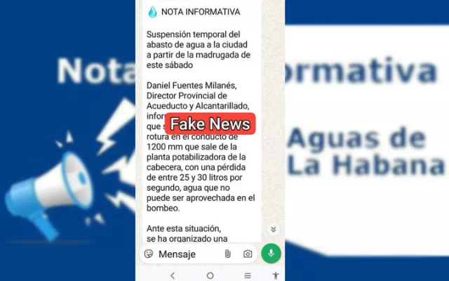 Logotipo y aviso oficial de la Empresa Aguas de La Habana aclarando la falsedad de los rumores sobre el abasto de agua.