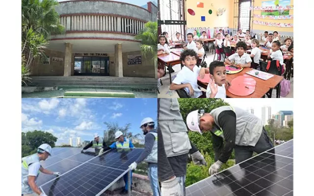 Instalación de paneles solares en el techo de la escuela primaria Vo Thi Thang en La Habana.