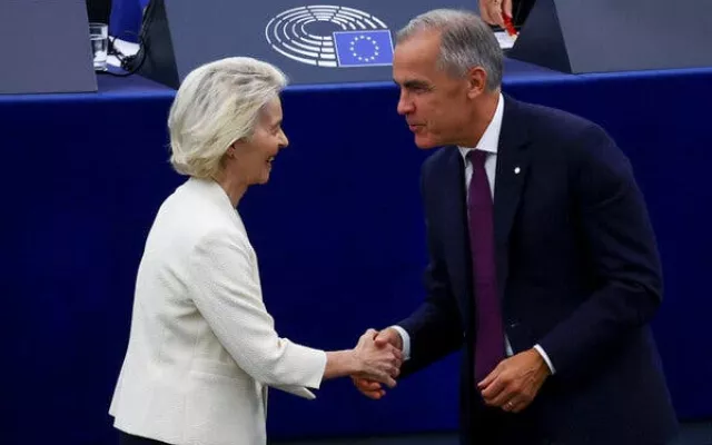 Ursula von der Leyen y Mark Carney durante un evento en Estrasburgo tras el anuncio de una nueva asociación.