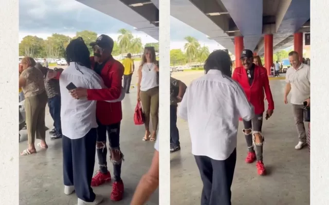 Pedrito Calvo siendo recibido por Mayito Rivera a su llegada al Aeropuerto Internacional José Martí.