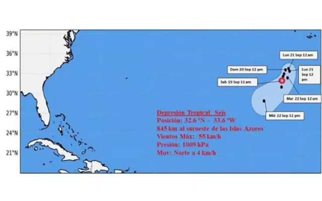 Mapa satelital que muestra la ubicación de la depresión tropical Seis en el océano Atlántico.