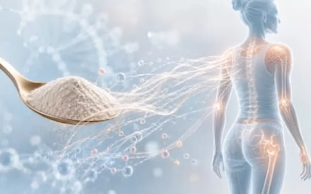Representación gráfica de suplementos de colágeno junto a elementos que simbolizan la salud de la piel y las articulaciones.